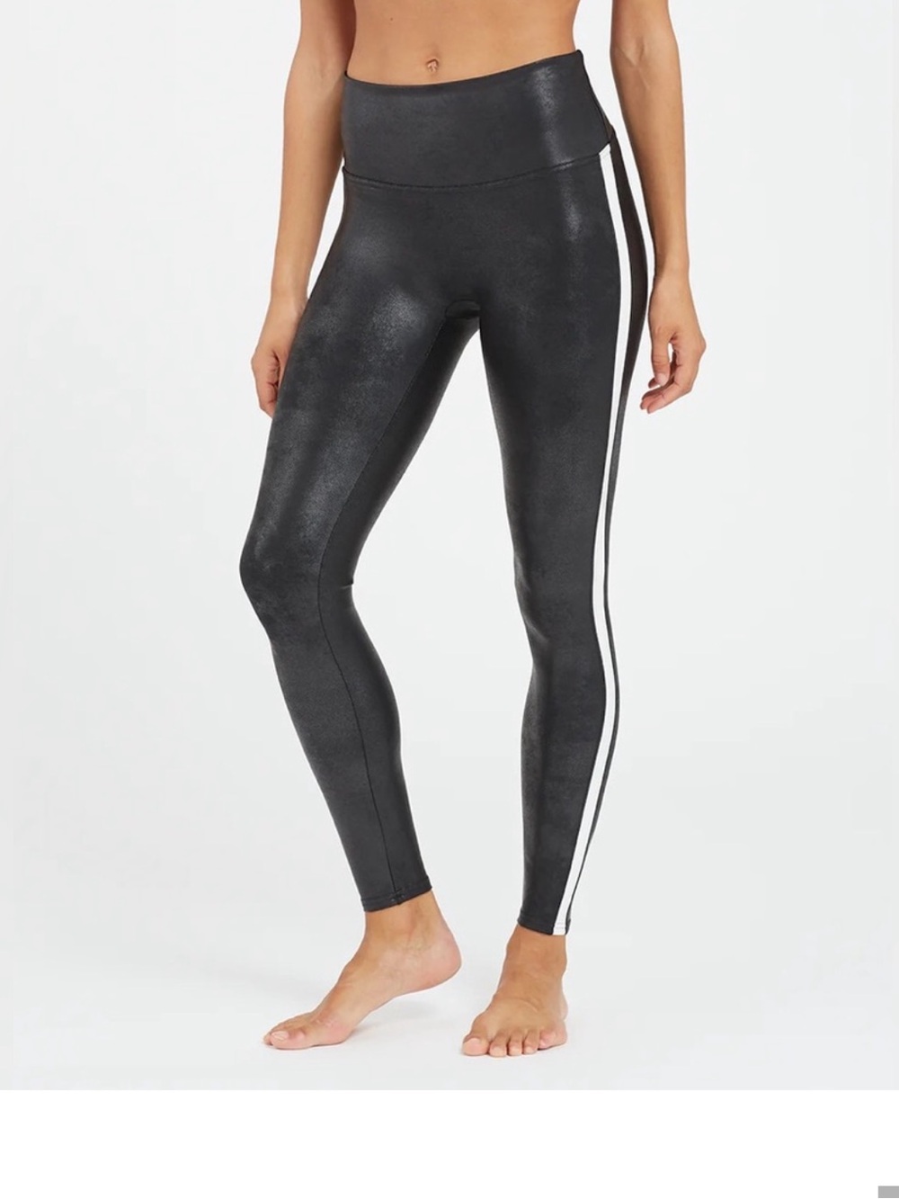 Spanx High-Rise Black faux leather Leggings with White Side Stripe
